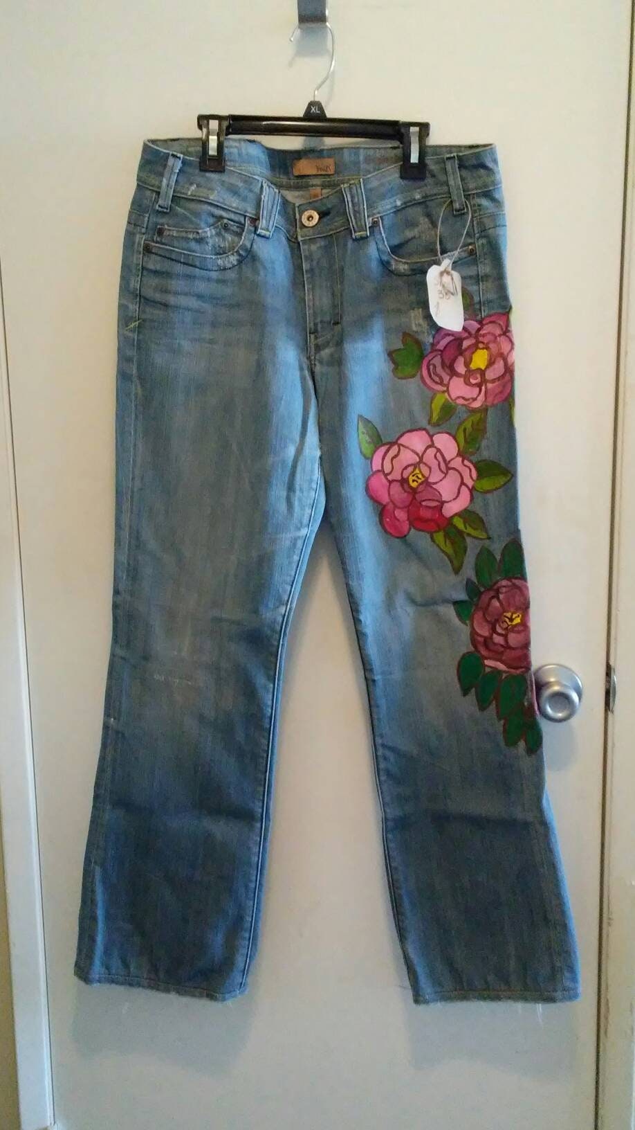 Vintage hand painted denim jeans size 30 | Etsy