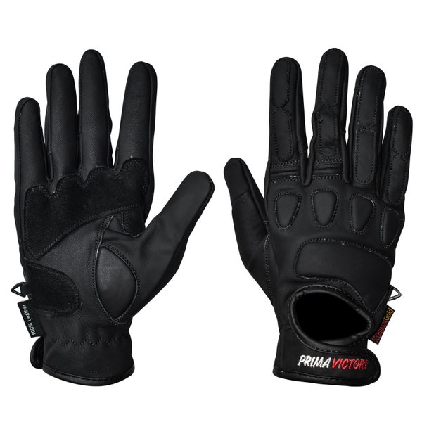 Gants de moto en cuir véritable pour écran tactile, protège-doigts, cuir noir