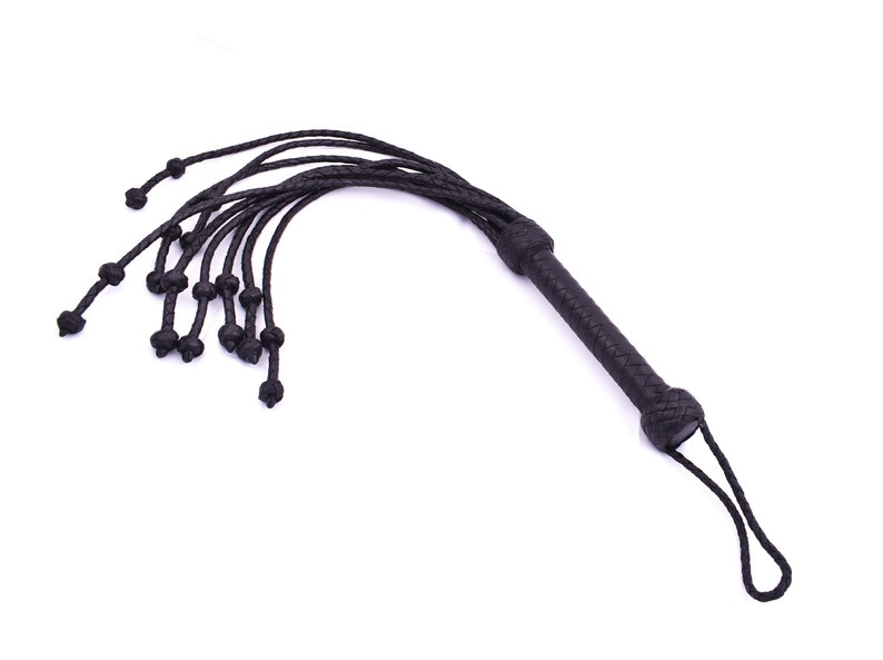 Real Genuine Cow Hide Leather Flogger Cat O Nine Braided Falls Sturdy Naughts 09 Falls Flogger Black 