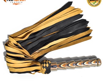 Real Mild Leather Ultra Soft Tassels Flogger 25 Tails Laminated Carved Wood Handle