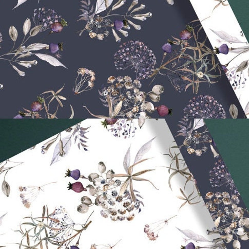 May include: A seamless pattern featuring watercolour illustrations of delicate, dried flowers and foliage in shades of purple, grey, and white on a dark blue background.