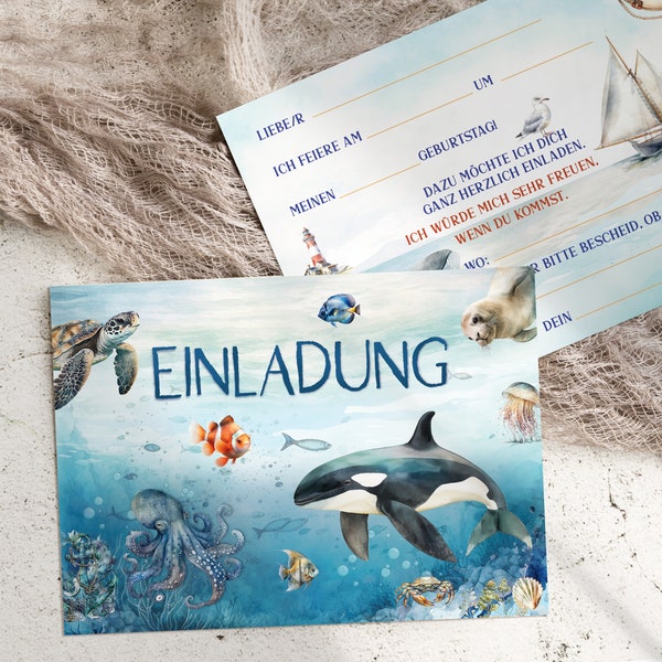 Einladungskarten 10 Set/ Kindergeburtstag / Einladungen Meer/ Einladungen Jungen / Unter dem Wasser / Meer Motiv