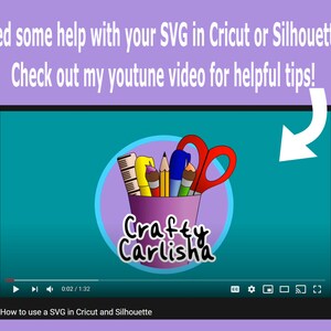 May include: A YouTube video thumbnail with a teal background and a white arrow pointing to the right. The video is titled "How to use a SVG in Cricut and Silhouette". The thumbnail features a cartoon illustration of a cup with various art supplies, including a ruler, pencils, a paintbrush, and scissors. The text "Crafty Carlisha" is written in a colorful font below the cup.