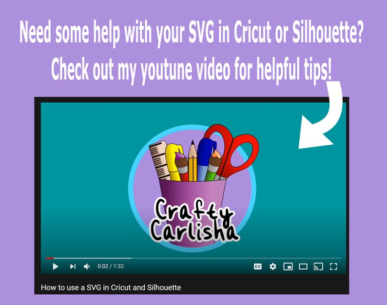 May include: A YouTube video thumbnail with a teal background and a white arrow pointing to the right. The video is titled "How to use a SVG in Cricut and Silhouette". The thumbnail features a cartoon illustration of a cup with various art supplies, including a ruler, pencils, a paintbrush, and scissors. The text "Crafty Carlisha" is written in a colorful font below the cup.
