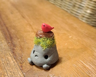 Ozrock with bird totem, stone forest spirit, rock clay figure, fantasy forest clay figurine, polymer clay stone, living rock figure