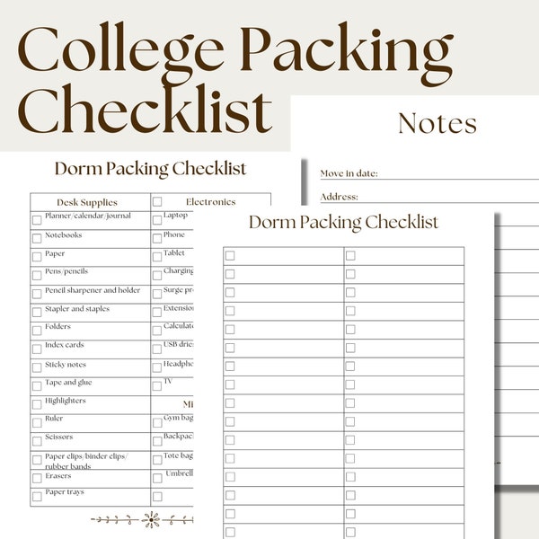 College Packing Checklist - Dorm Move In List - Digital Printable PDF