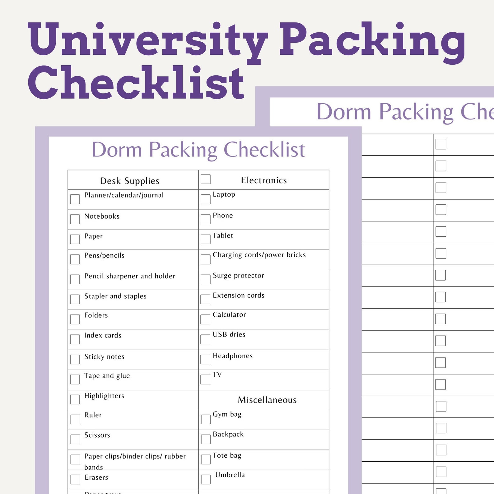 University Packing Checklist Dorm Move in List Back to School Digital
