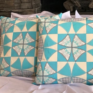Throw pillows, Handmade, up to  22” Square, Aqua/Grey/Cream, Set of 2