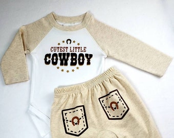 Cutest Little Cowboy Cream & White Bodysuit/Pants Infant Set in 4 Sizes