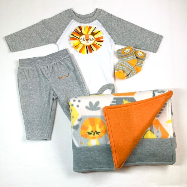 Baby 0-3 Months Gift Set in Orange, Heather Grey, Yellow and White; Bodysuit/Pants/Socks/Fleece Blanket Infant Ensemble; ONE OF A KIND!!!
