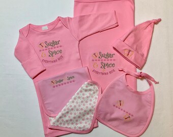 Newborn Girls’ Embroidered Layette Set, Includes Bodysuit or Gown, Receiving Blanket, Burp Cloth, Beanie and Bib; 2 Sizes