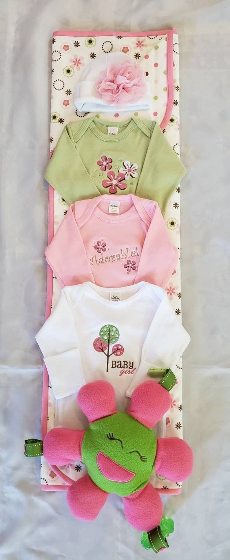 Baby Girl RomperBeanieBlanket Set with Toy; Going Home Outfit