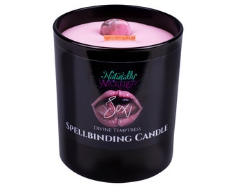 Vela de hechizo sexual • Cristal de rodonita, aroma a tentadora divina, mecha de madera