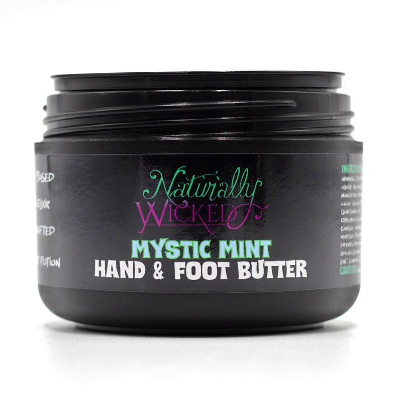 Naturally Wicked Mystic Mint Hand & Foot Butter With Lid Removed Exposing Inner Luxury Container Seal