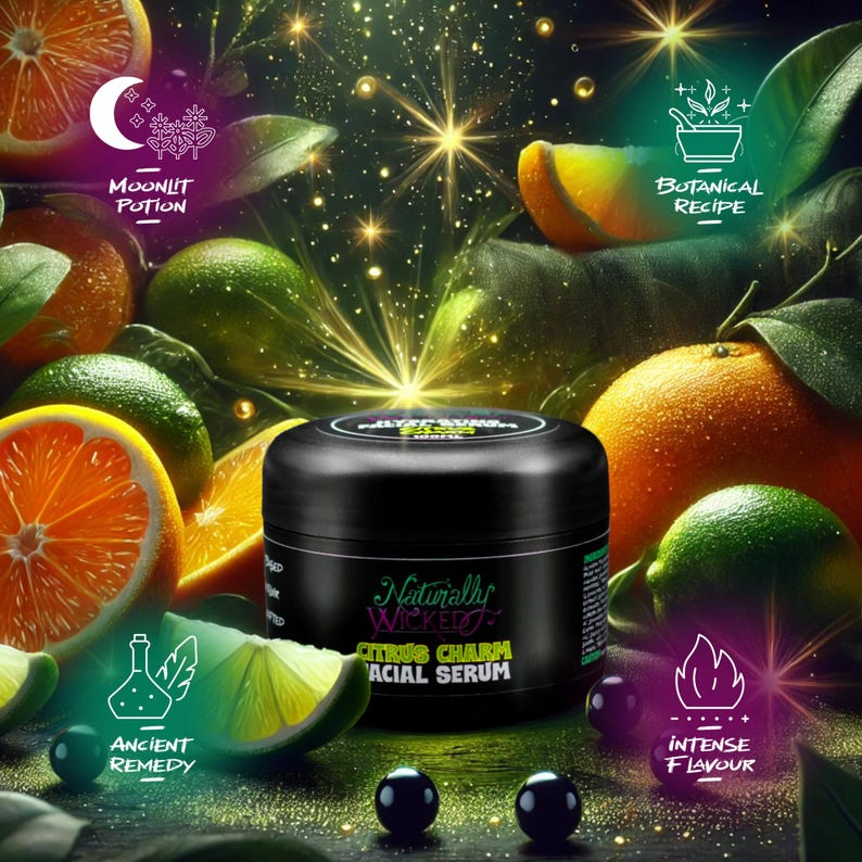 Naturally Wicked Citrus Charm Facial Serum with magical citrus background, highlighting ‘Moonlit Potion,’ ‘Botanical Recipe,’ ‘Ancient Remedy,’ and ‘Intense Flavour’ features.