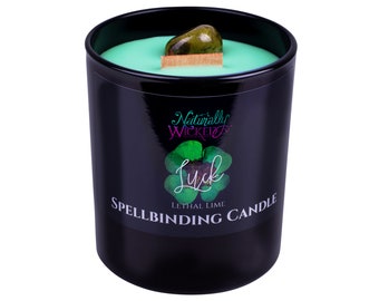 Vela de hechizo de suerte • Aroma a lima letal, cristal de epidota, mecha de madera