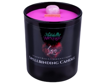 Love Spell Candle • Rose Quartz Crystal, Deathly Rose & Cherry Scent