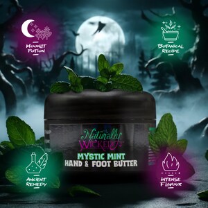 Naturally Wicked Mystic Mint Hand & Foot Butter jar surrounded by fresh mint leaves, set against a spooky, moonlit forest.