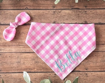 Personalized Pink Gingham Dog Bandana, Embroidered Name Dog Accessory