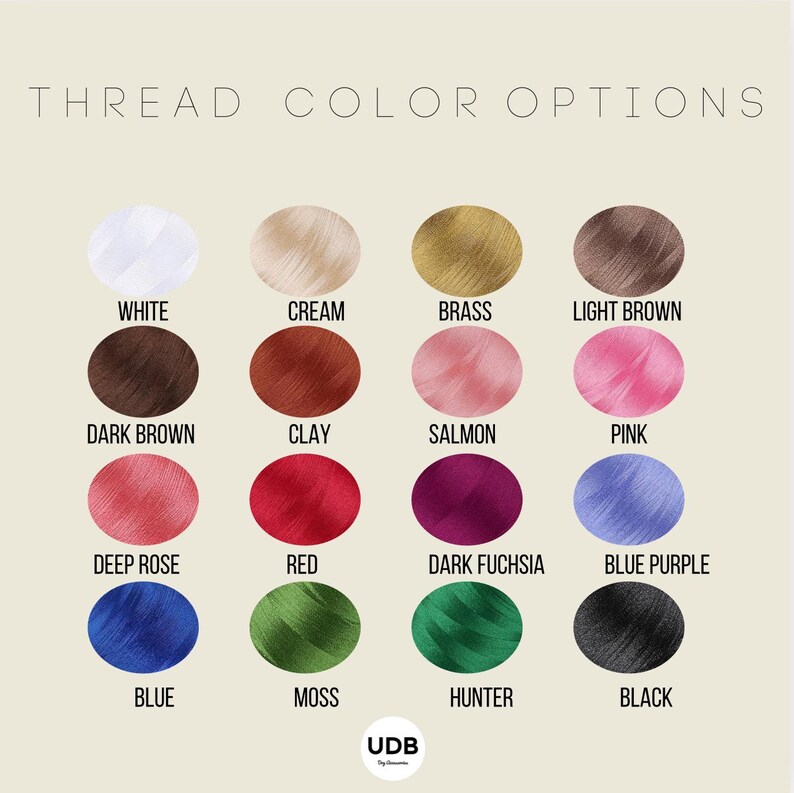 May include: A colour chart showing thread colour options. The chart includes a variety of colours such as white, cream, brass, light brown, dark brown, clay, salmon, pink, deep rose, red, dark fuchsia, blue purple, blue, moss, hunter, and black.
