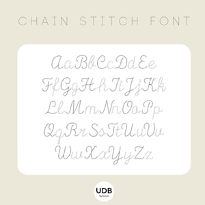 May include: A cursive chain stitch font alphabet, from A to Z, in gray dotted letters. The words "CHAIN STITCH FONT" are at the top. The background is a light beige colour. The font is in a cursive style.