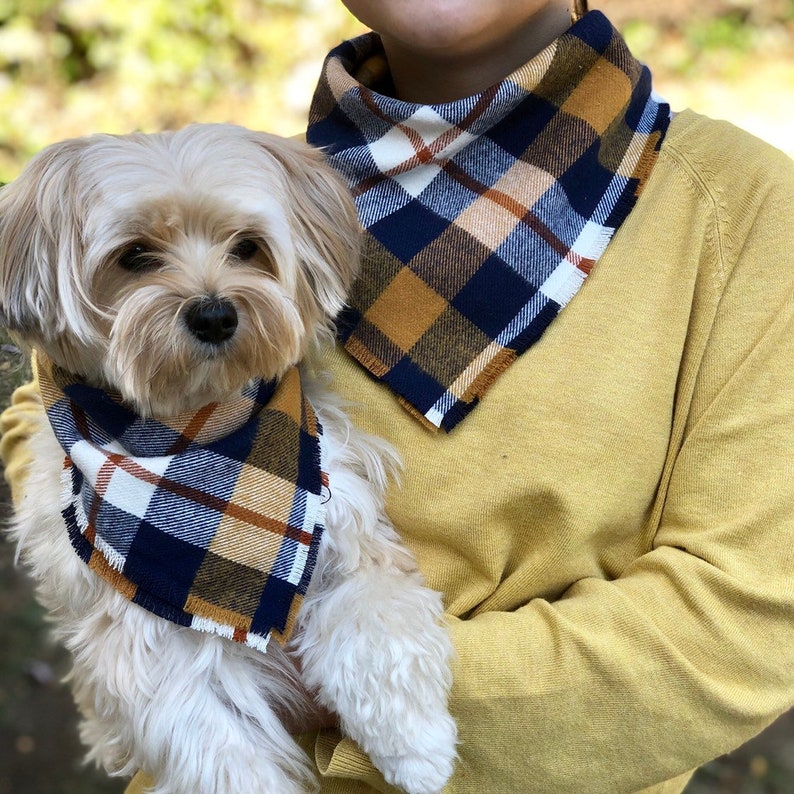 Plaid scarf Dog bandana and matching owner scarf,Navy and tan palid dog owner matching bandana and scarf,Christmas gift