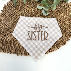 May include: A white and brown gingham bandana with the text "big sister" embroidered in brown.