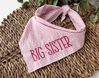 Big Sister Dog Bandana: Embroidered Pink Seersucker Pregnancy Announcement
