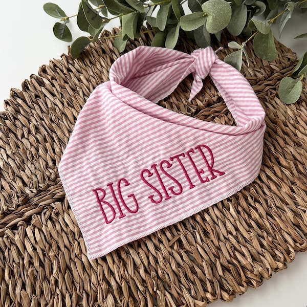 Big Sister Dog Bandana: Embroidered Pink Seersucker Pregnancy Announcement