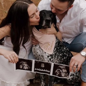 May include: A German Shorthaired Pointer dog wearing a pink bandana embroidered with "Big Sister". Two people are holding sonogram images showing a baby. The dog has black and white spots.