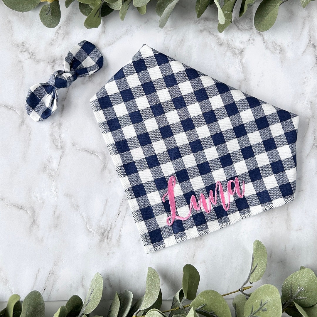Personalized Dog Bandana, Blue Gingham Dog Bandana, Embroidered Dog Bandana, New Puppy Gift, Dog