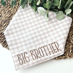 May include: A triangular fabric bandana featuring a light beige and white gingham check pattern. The word BIG BROTHER is embroidered in brown thread across the bottom section of the fabric in a clean, sans-serif capital letter font.