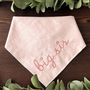 May include: A pink fabric bandana with the word "Big Sis" embroidered in pink thread.