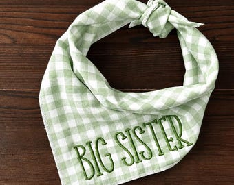 Personalized Big Sister Dog Bandana: Gingham Embroidered Pregnancy Announcement