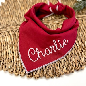 May include: A red dog bandana with the name "Charlie" embroidered in white script. The bandana has a white stitched border and is tied at the top. The background is a woven, natural-colored mat.