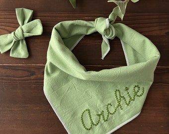 Chain stitch on sage dog bandana, Easter dog bandana, New puppy personalized gift, Dog hair boq