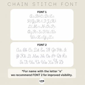 May include: Image showcasing two chain stitch fonts, labeled Font 1 and Font 2, with uppercase and lowercase letters. The text at the top reads "CHAIN STITCH FONT." A note recommends Font 2 for names with the letter "o."