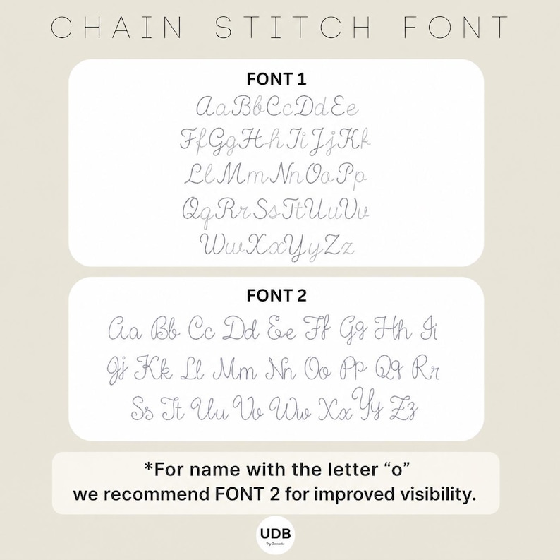 May include: Image showcasing two chain stitch fonts, labeled Font 1 and Font 2, with uppercase and lowercase letters. The text at the top reads "CHAIN STITCH FONT." A note recommends Font 2 for names with the letter "o."