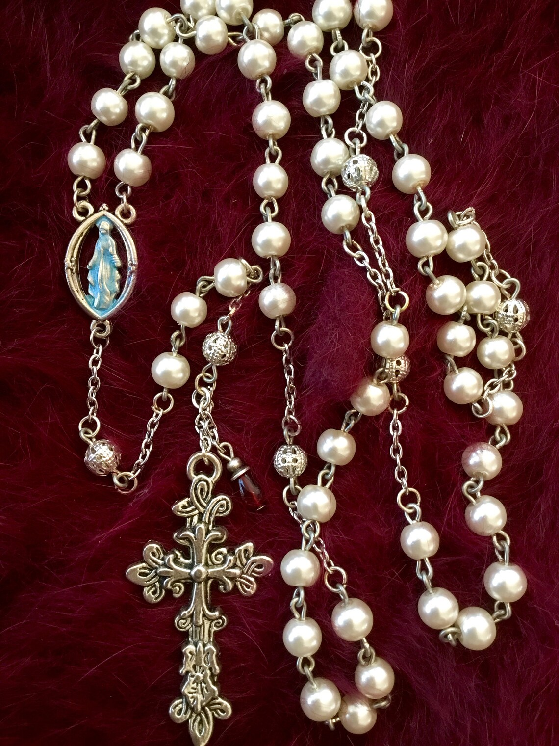 Sweet Innocence Rosary, White 6mm Glass Pearl/silver Filigree, Five ...
