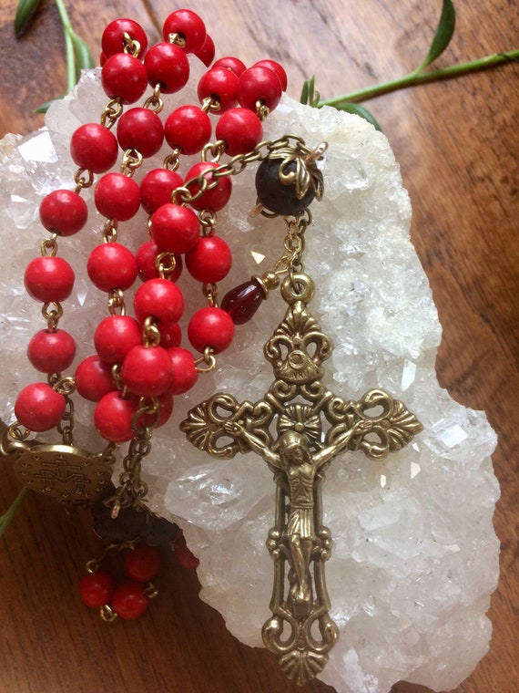 Catholic Rosary 6mm Red Magnesite/bronze Capped Lava Beads - Etsy