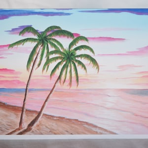 Palmeiras e cartão de felicitações de praia, pôr do sol no oceano, tropical, pôr do sol sobre um oceano, cartão de felicitações em branco dobrado, envelope incluído