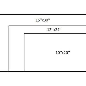 May include: Diagram showing three rectangles of different sizes. The largest is labeled 15"x30", the middle one is 12"x24", and the smallest is 10"x20". All rectangles are outlined in black.