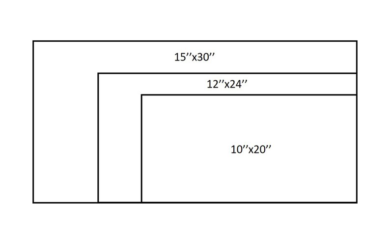 May include: Diagram showing three rectangles of different sizes. The largest is labeled 15"x30", the middle one is 12"x24", and the smallest is 10"x20". All rectangles are outlined in black.