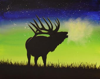 Original Acrylic Painting — Elk Silhouette Under Starry Night Sky — 8×10 Wildlife Art on Canvas Board — Nature Wall Decor