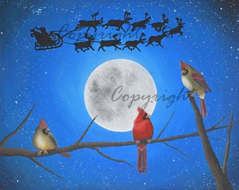 Cardinal Art, Christmas Art, Bird Print, Male Cardinal, Female Cardinal, Santa Art Print, A Cardinal Christmas Professional Art Print