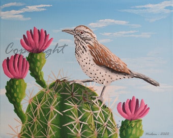 アリゾナ州の鳥の水彩画アートプリント | サボテンミソサザイとサワロ