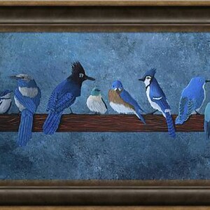 May include: A framed painting featuring a collection of vibrantly colored birds perched on a wooden branch against a textured blue background. The birds display shades of blue, white, and brown, creating a visually appealing composition.