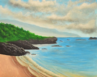 Hawaii Strand Landschaft Gemälde 8×10 – Original Golden Fluid Acryl auf Archival Canvas Board – Tropische Ozean Wandkunst