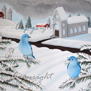Mountain Bluebird Art Print, Church Art Print, Winter Art Print, Landscape Art Print, Snowstorm Art Print, Barn Art Print, Farm Art Print