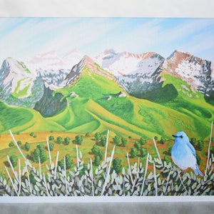 Cartão de saudação Bluebird da montanha, Ruby Mountains Nevada, pássaro e flor do estado, cartão de felicitações em branco dobrado com envelope